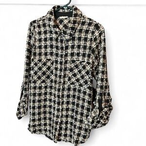 Mystree Plaid Shacket – Black, Cream & Tan 🖤🤍🤎
